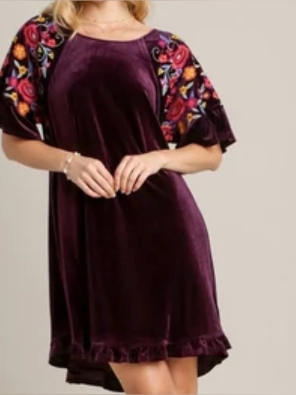 Umgee Velvet Boho Embroidered Sleeve Dress S VERY ROOMY BEAUTIFUL Dark Eggplant
